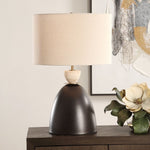 cone-shaped iron dark bronze lamp travertine accent beige shade