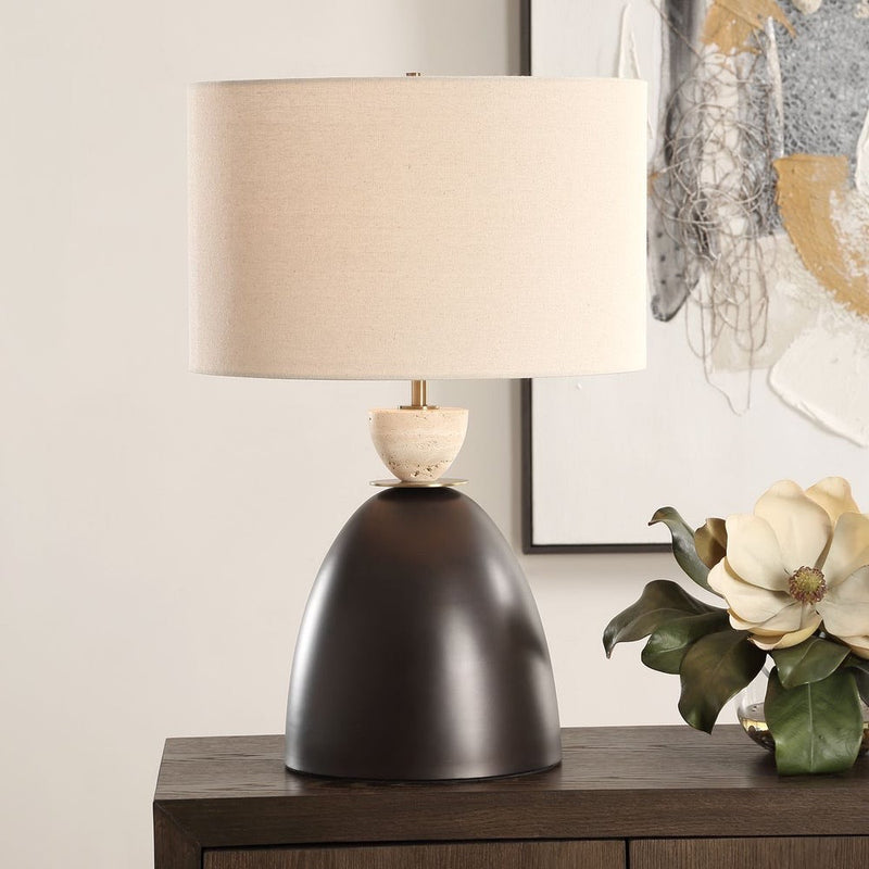 cone-shaped iron dark bronze lamp travertine accent beige shade