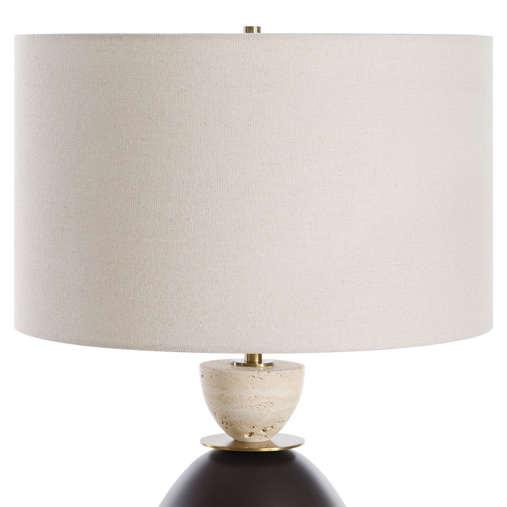 cone-shaped iron dark bronze lamp travertine accent beige shade