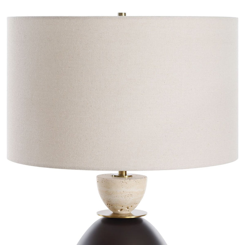 cone-shaped iron dark bronze lamp travertine accent beige shade