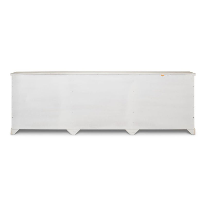 buffet sideboard cabinet 6-door long white distressed wood shelves gray quartz