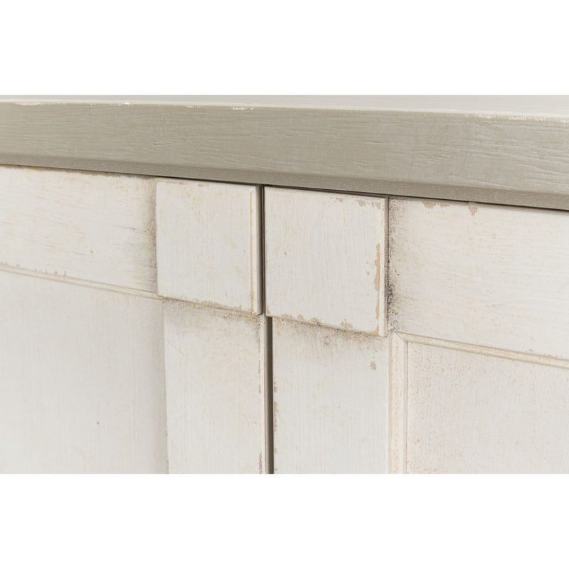 buffet sideboard cabinet 6-door long white distressed wood shelves gray quartz