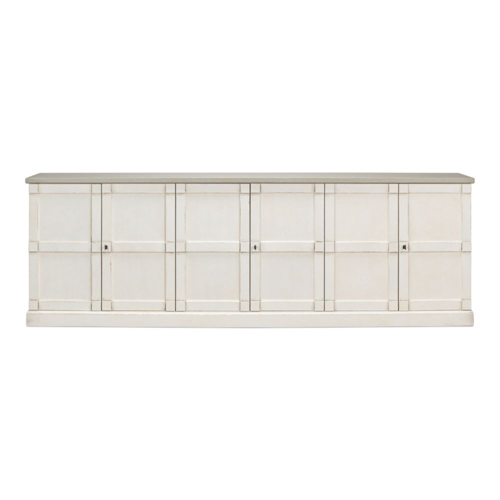 buffet sideboard cabinet 6-door long white distressed wood shelves gray quartz