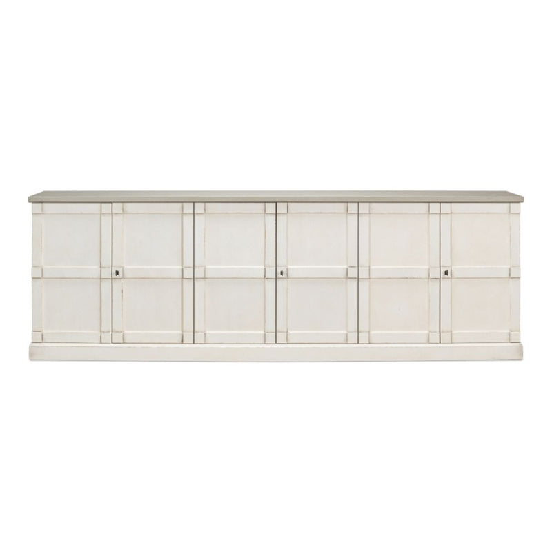 buffet sideboard cabinet 6-door long white distressed wood shelves gray quartz