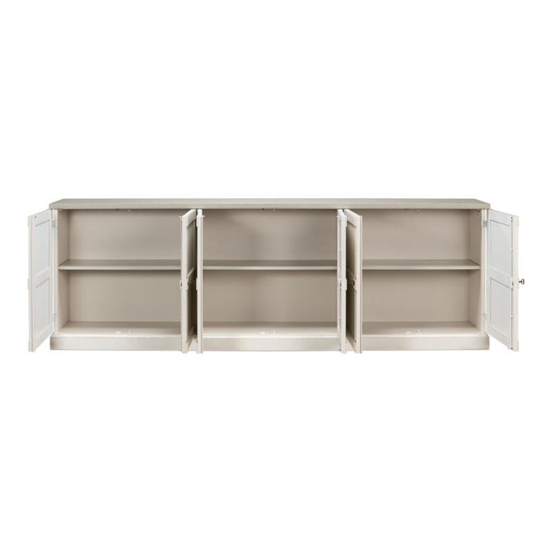 buffet sideboard cabinet 6-door long white distressed wood shelves gray quartz
