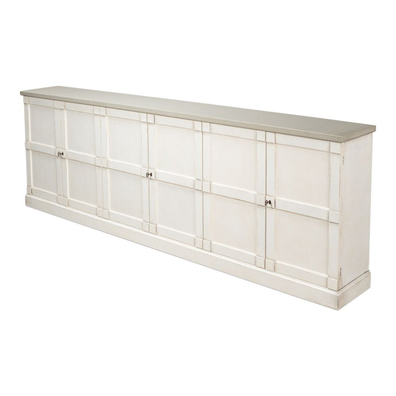 buffet sideboard cabinet 6-door long white distressed wood shelves gray quartz