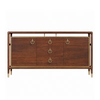 The Remi Server by Phillips Scott features walnut wood, gold accents, 3 drawers, and 2 cabinets.