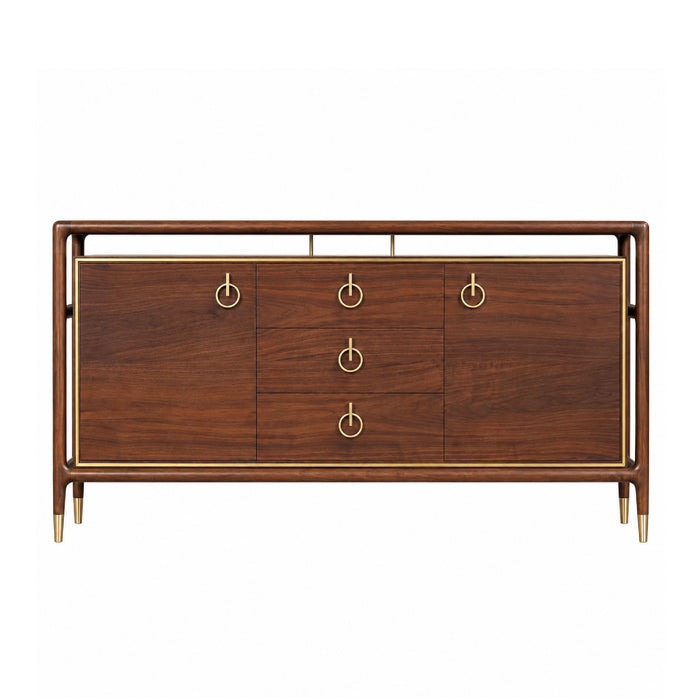 The Remi Server by Phillips Scott features walnut wood, gold accents, 3 drawers, and 2 cabinets.
