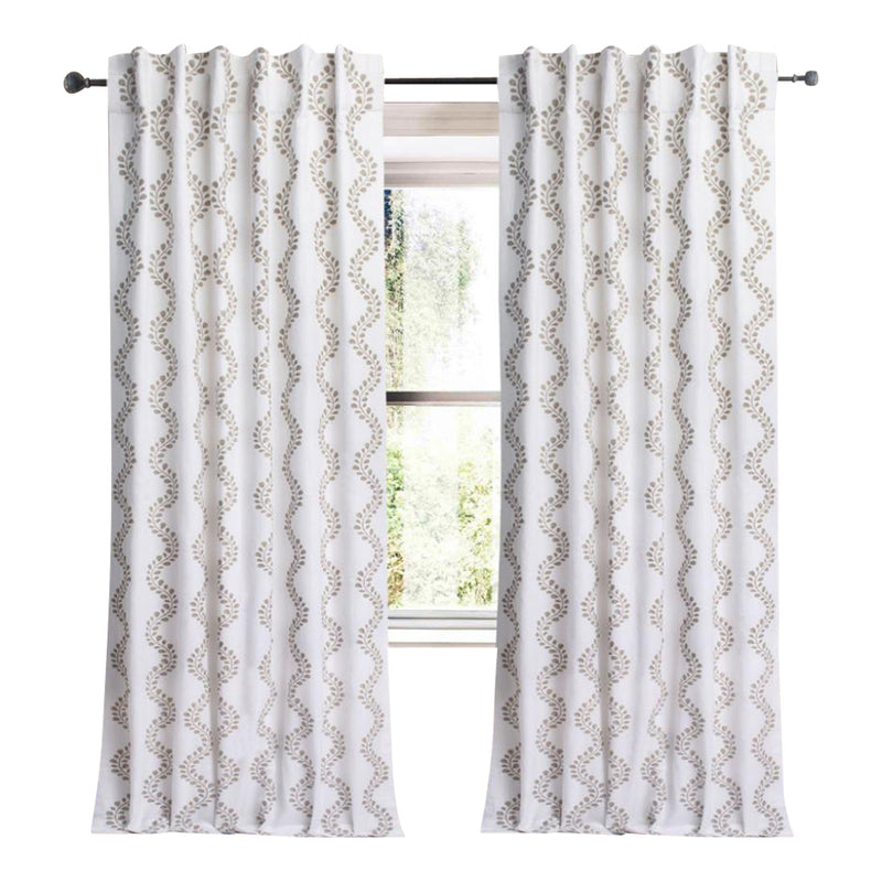 white linen blend curtain panels tan floral print