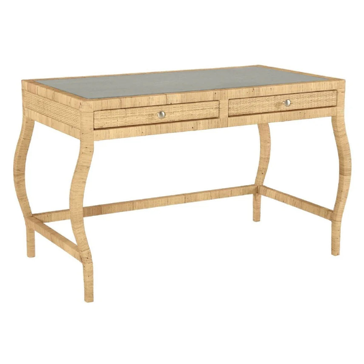 desk rattan wrapped glass top two drawer