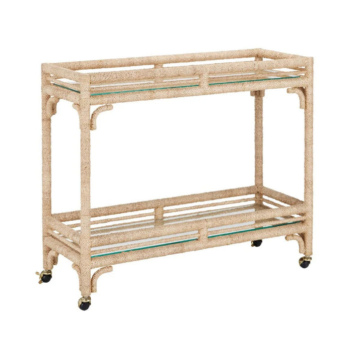 bar cart 2 shelves glass rope wrapped frame casters