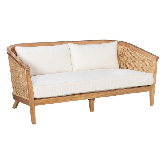 settee sofa natural wood rattan cane sides back white cushions
