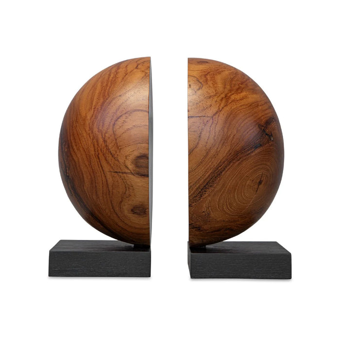 bookends round natural teak wood black base 