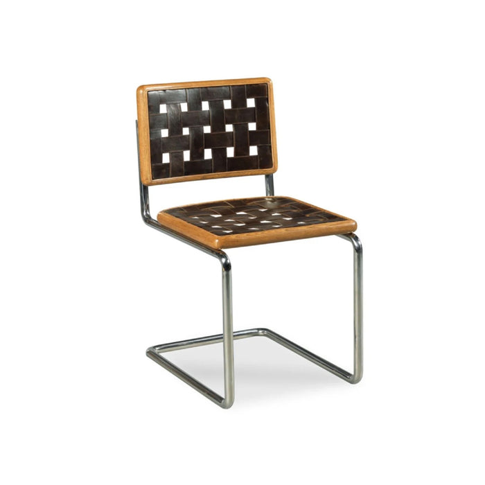 The Revival Cantilever Chair by Woodbridge Furniture features a black woven seat, oak trim, and nickel chrome frame.