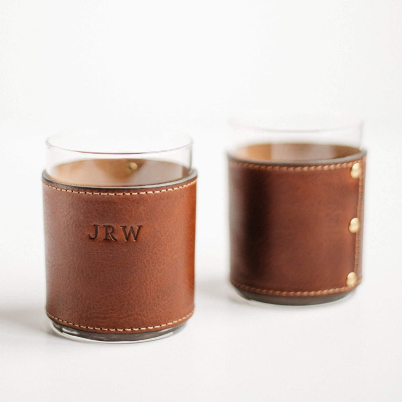 rocks glass leather wrapped personalized