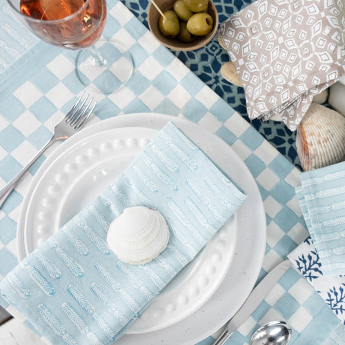 block printed napkin set cool blue patterned 