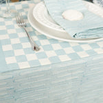 block printed patterned blue tablecloth 