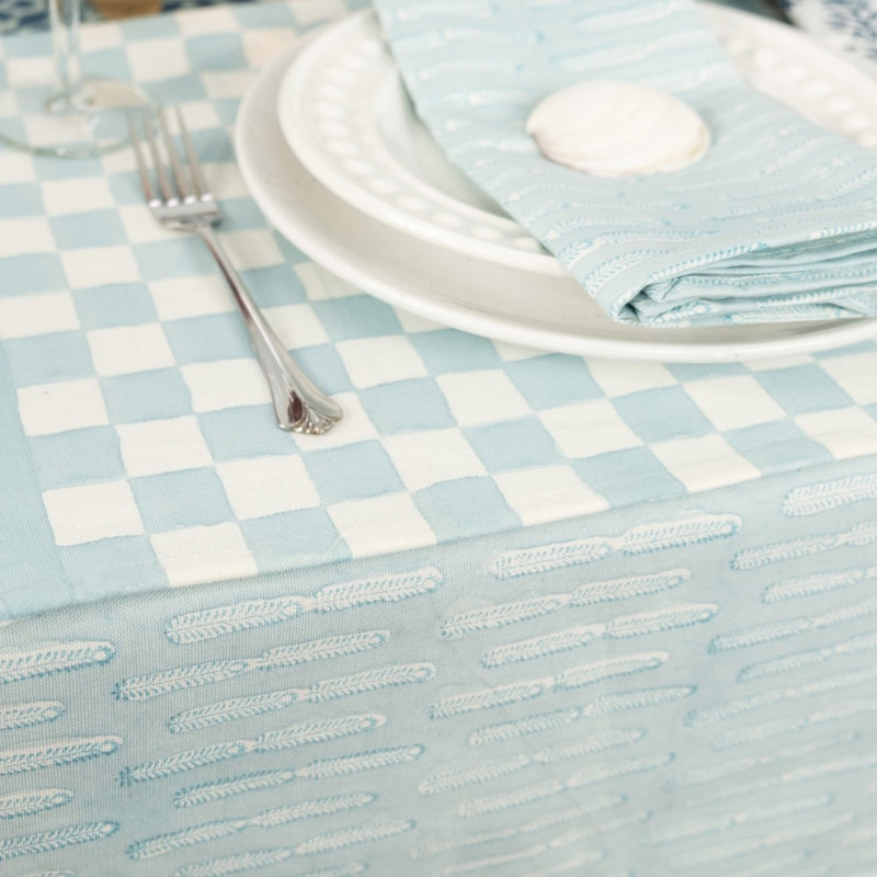block printed patterned blue tablecloth 
