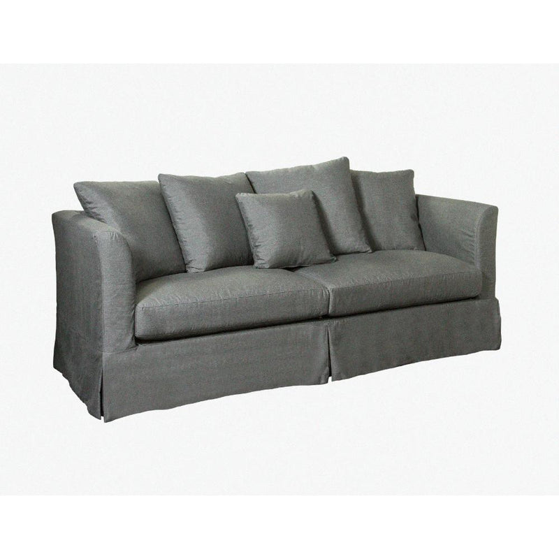two-seat cushion sofa loose back pillows pleated slipcover charcoal gray flax white arms Padma's Plantation
