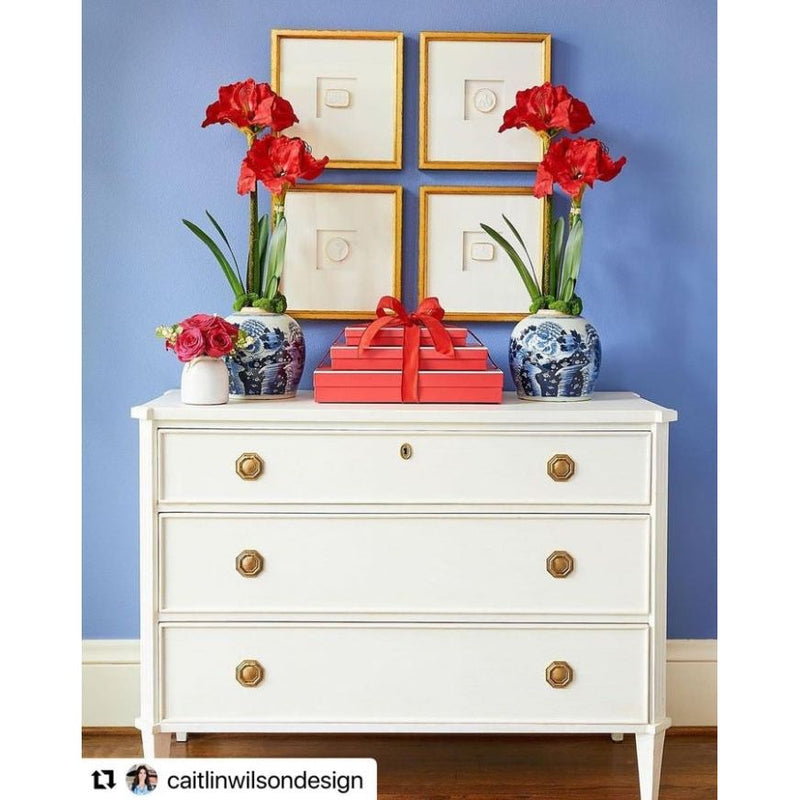 A white dresser adorned with red flowers in blue vases, stacked gifts, and four square frames featuring engraved intaglio images from Shadow Catchers Art's Framed Intaglio Art in Gold - Style 8 on a blue wall.