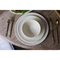 A ceramic dinnerware set featuring a speckled cream-colored plate and matching bowl, styled on a rustic wooden table with silver and gold flatware.