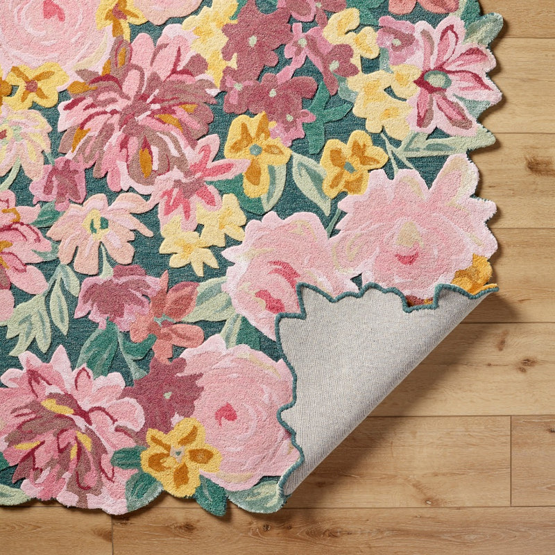 floral area rug bright wool hand tufted pink green yellow