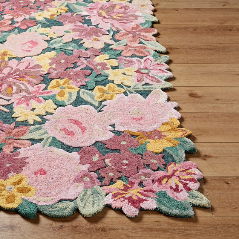 floral area rug bright wool hand tufted pink green yellow