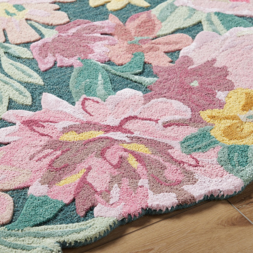 floral area rug bright wool hand tufted pink green yellow