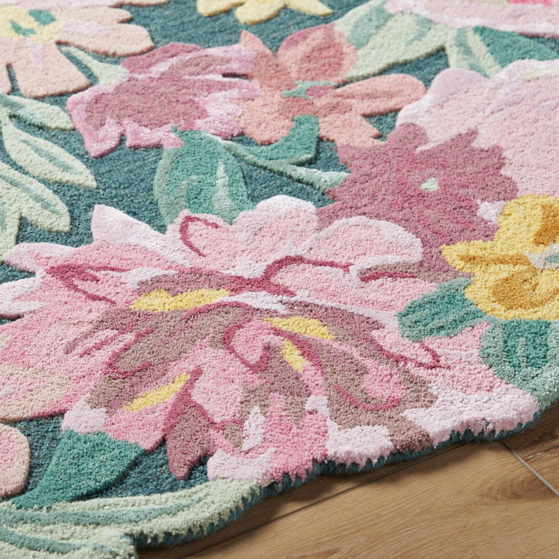floral area rug bright wool hand tufted pink green yellow