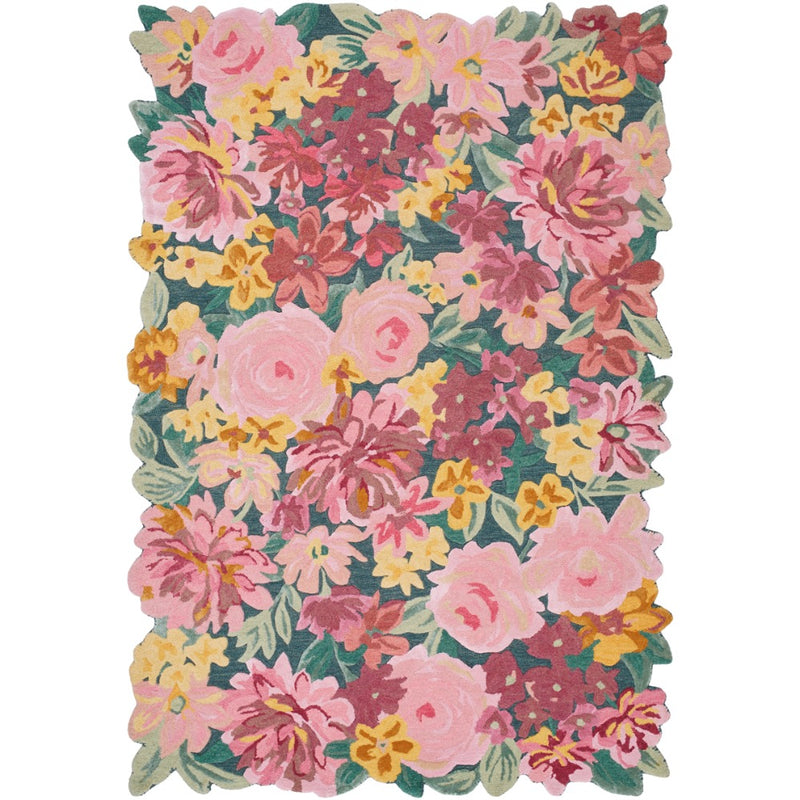floral area rug bright wool hand tufted pink green yellow