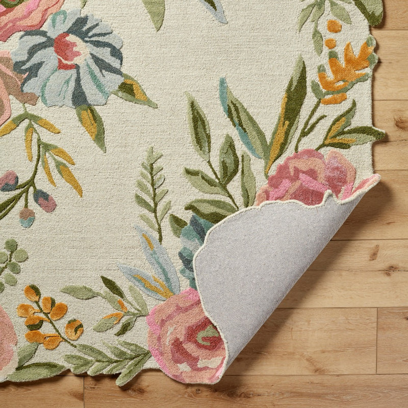floral boho area rug bright wool hand tufted pink blue cream
