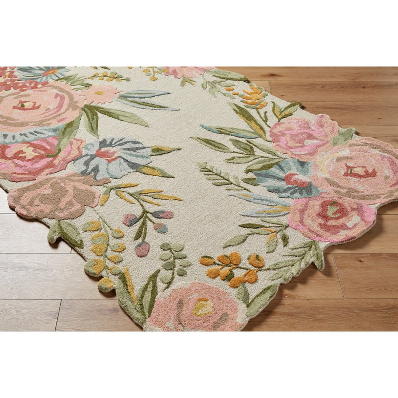 floral boho area rug bright wool hand tufted pink blue cream