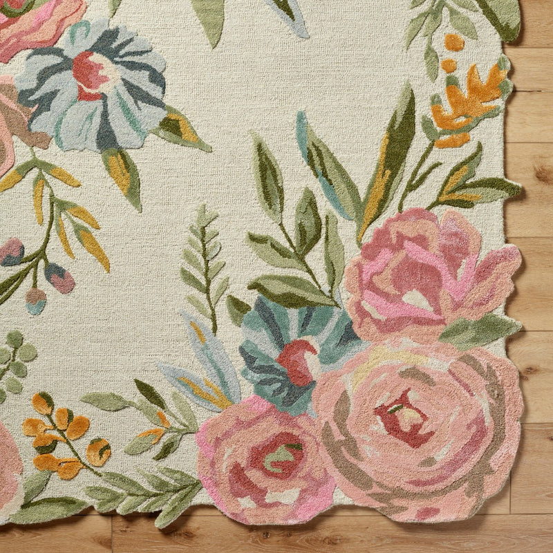 floral boho area rug bright wool hand tufted pink blue cream