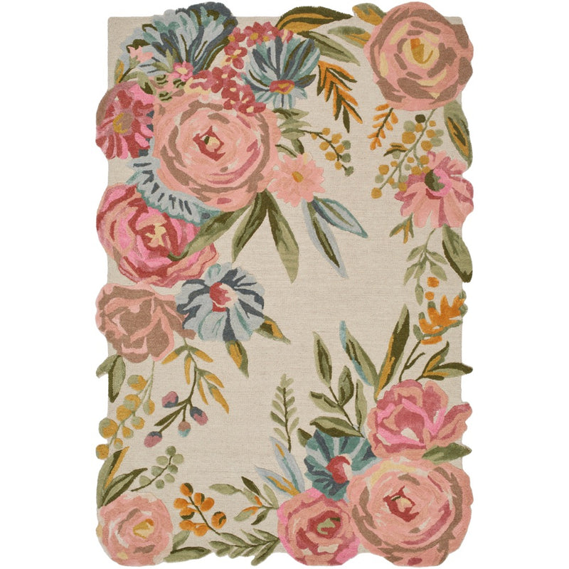 floral boho area rug bright wool hand tufted pink blue cream