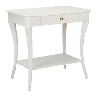The Sanibel Console Table by Phillips Scott, available in a white finish, features polished brass hardware that complements its single drawer and lower shelf, adding a touch of traditional style.