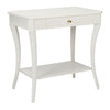 The Sanibel Console Table by Phillips Scott, available in a white finish, features polished brass hardware that complements its single drawer and lower shelf, adding a touch of traditional style.
