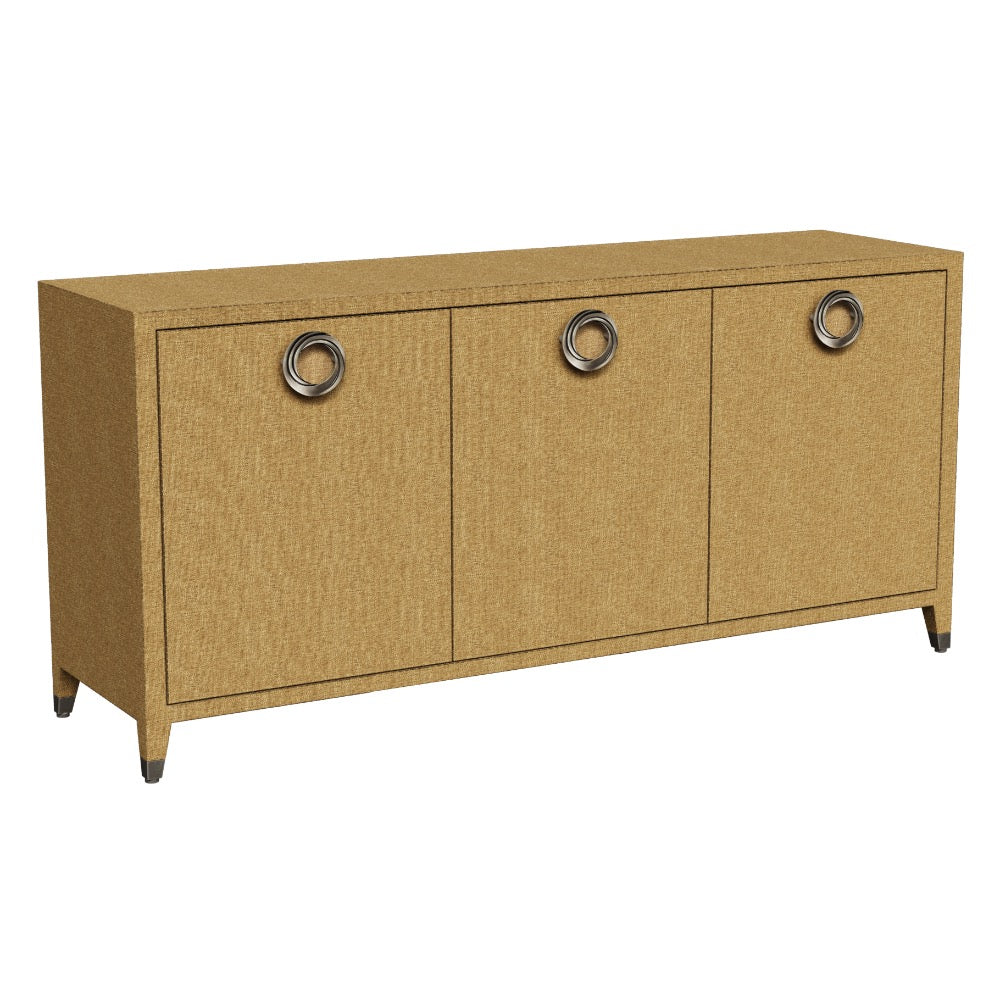 three door desert cupboard tarnished brass grasscloth