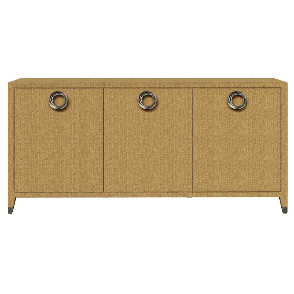 three door desert cupboard tarnished brass grasscloth