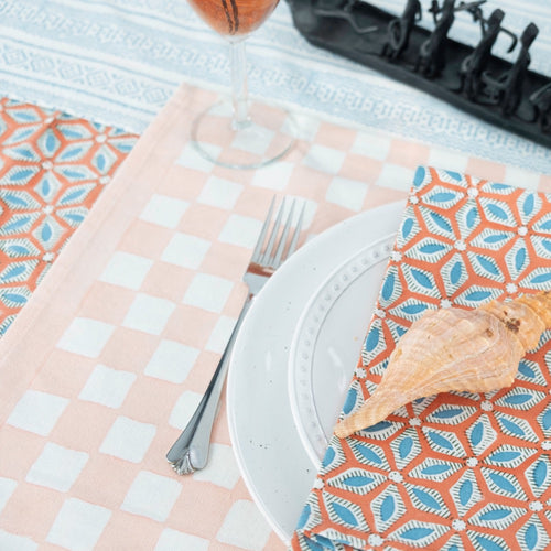 block printed napkin set orange blue patterned