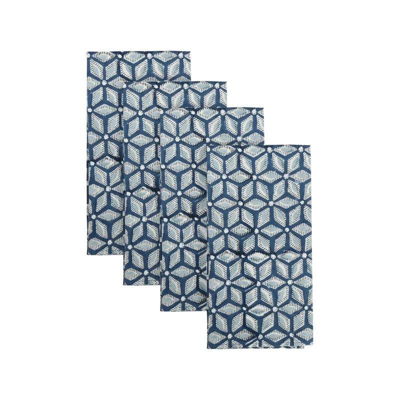 Four Sora Block Printed Napkins by Allem Studio, blue geometric pattern, 100% cotton, neatly overlap.