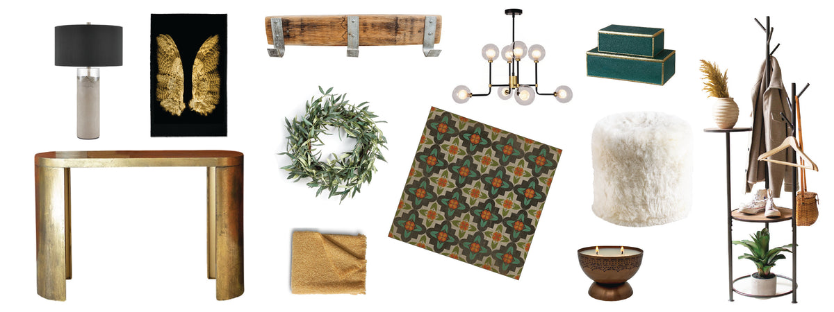 Arrangement of various home decor items including furniture, wall art, lighting, wreath, boxes, and accessories.