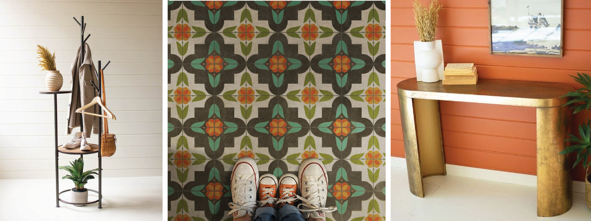 A coat rack and plant in a neutral room, colorful patterned floor tiles, console table with decor against a coral wall.