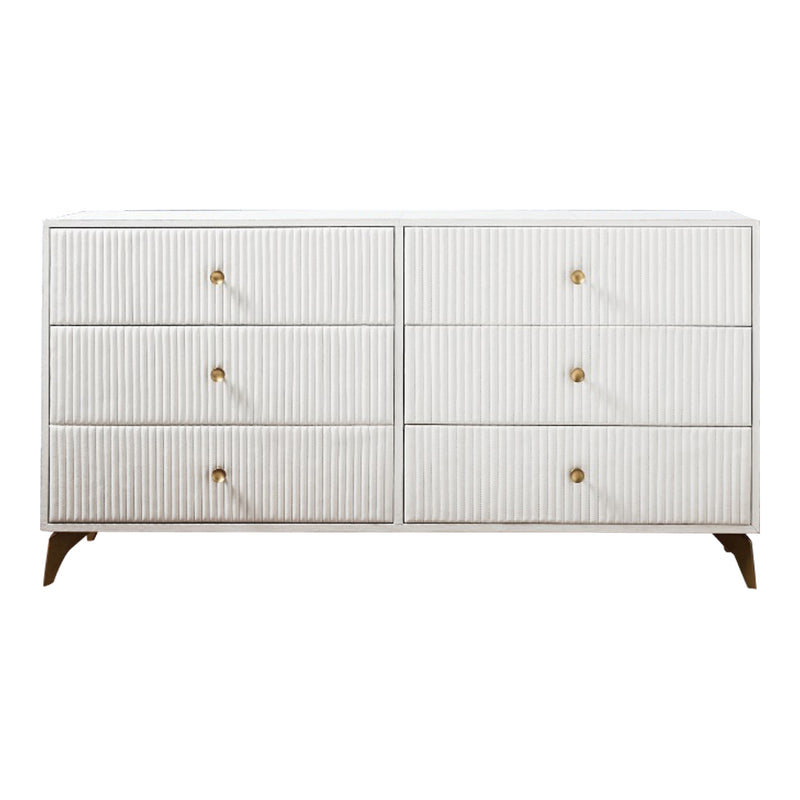 channel stitched white leather 6-drawer dresser splayed legs brass pulls