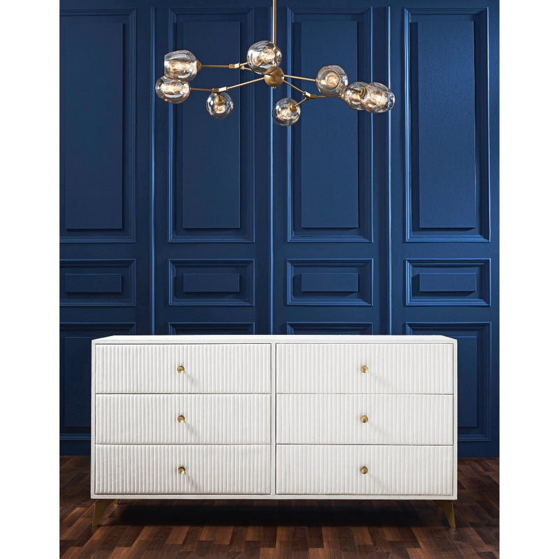 channel stitched white leather 6-drawer dresser splayed legs brass pulls