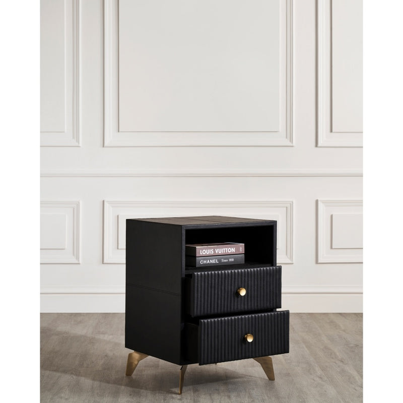 2-drawer chest nightstand side table black channel stitched leather brass knobs splayed legs