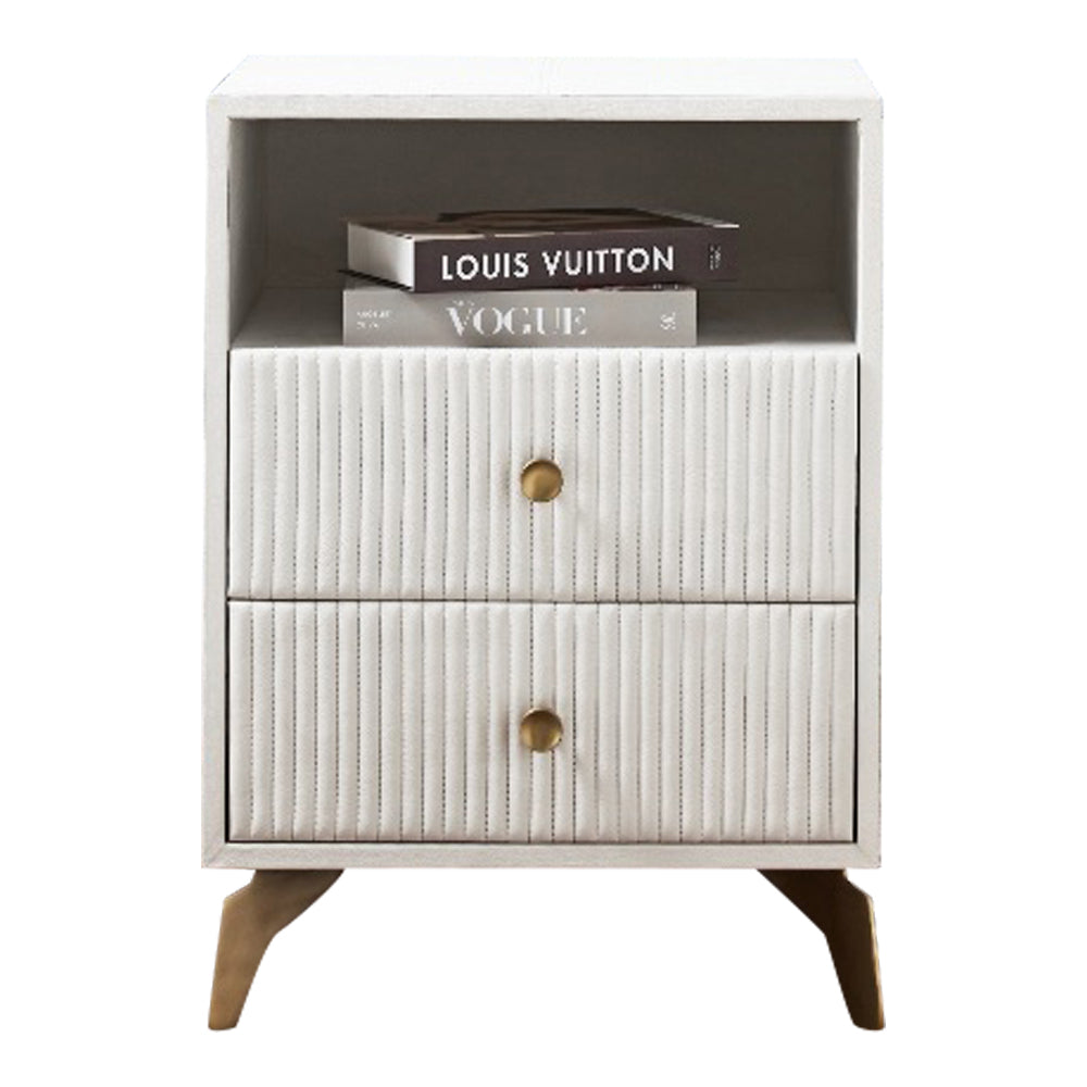 2-drawer chest nightstand side table white channel stitched leather brass knobs splayed legs