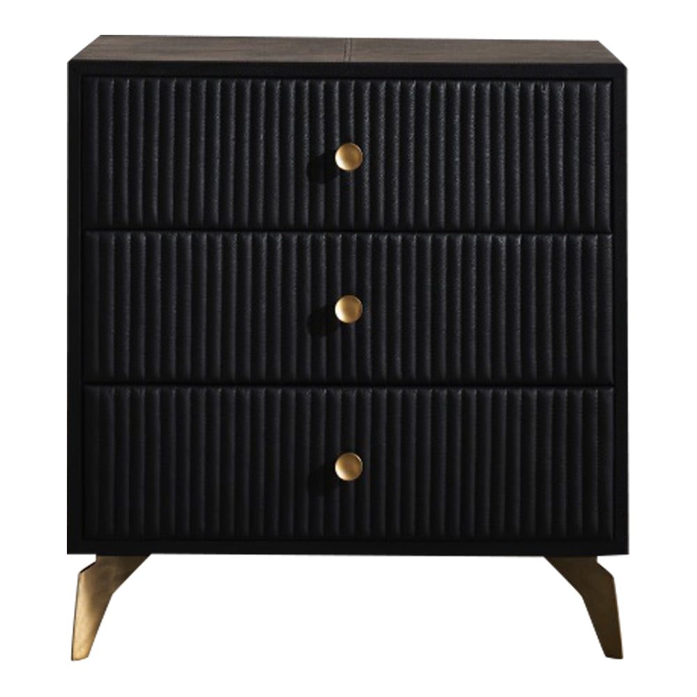 3-drawer chest nightstand side table black channel stitched leather brass knobs splayed legs