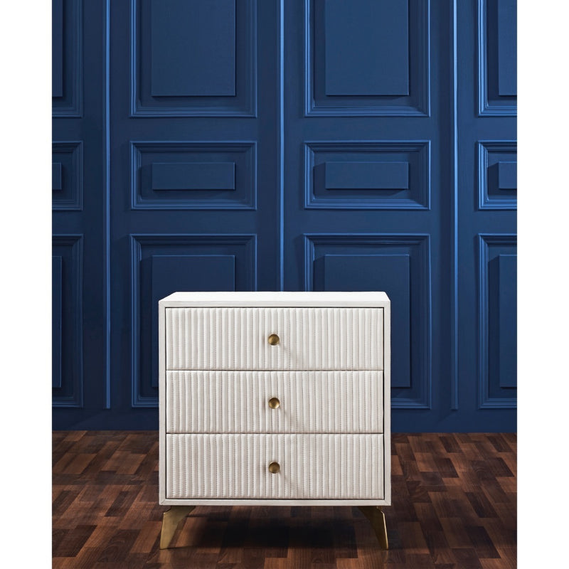 3-drawer chest nightstand side table white channel stitched leather brass knobs splayed legs