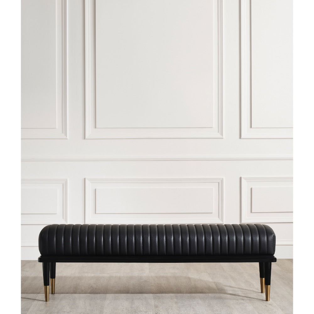 black leather bench channel stitching metal legs brass finish
