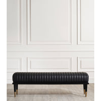 black leather bench channel stitching metal legs brass finish